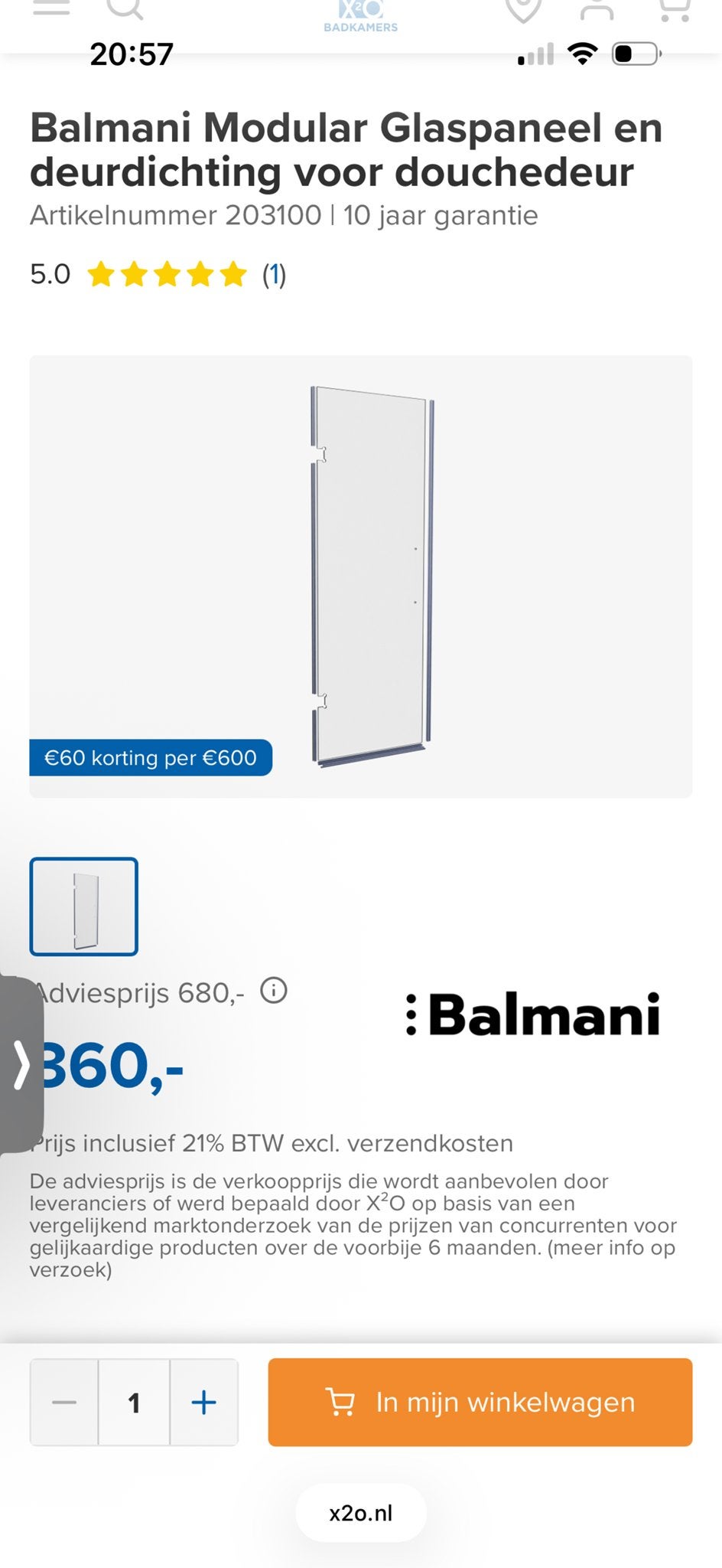 Nieuwe Balmani douchedeur (excl. hardware) - ongebruikt, Ophalen, Overige typen, Zo goed als nieuw, Minder dan 100 cm