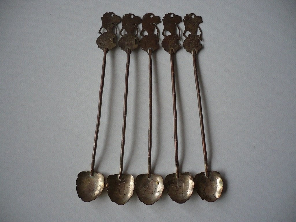 l012-Aziatische lepeltjes, oud antiek met zilver gehalte., Ophalen of Verzenden