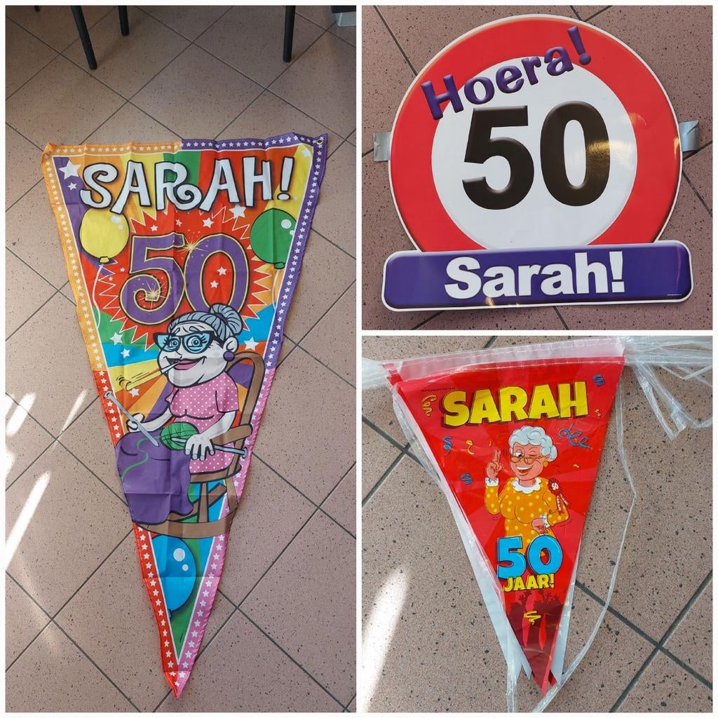 Versierspullen  50 jaar Sarah.Vlag, bord en slingers., Hobby en Vrije tijd, Feestartikelen, Ophalen, Versiering, Abraham of Sarah