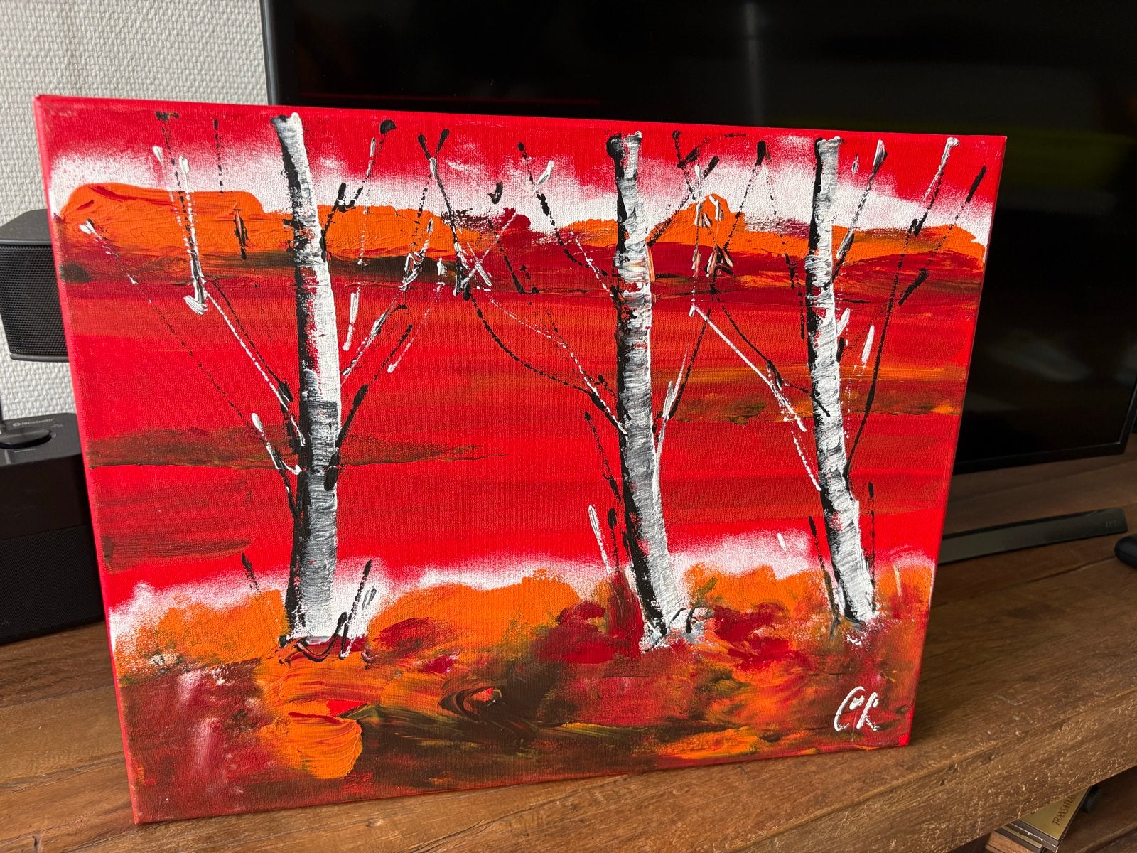 Modern schilderij: Herfstlandschap met berkenbomen, Landschap, Acrylverf, Ophalen of Verzenden, Echtheidscertificaat