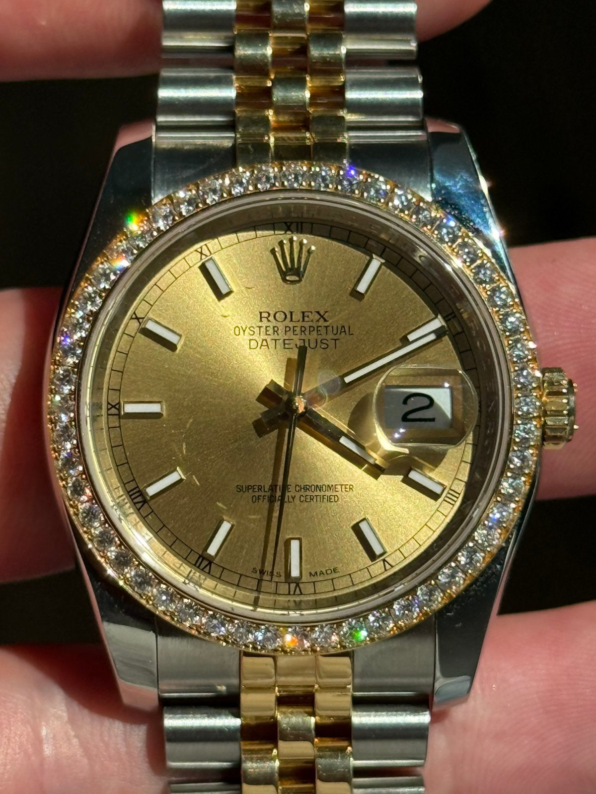 Rolex datejust two tone 36mm, 116243, 2015, factory diamond, Sieraden, Tassen en Uiterlijk, Horloges | Heren, Staal, Rolex, Ophalen of Verzenden