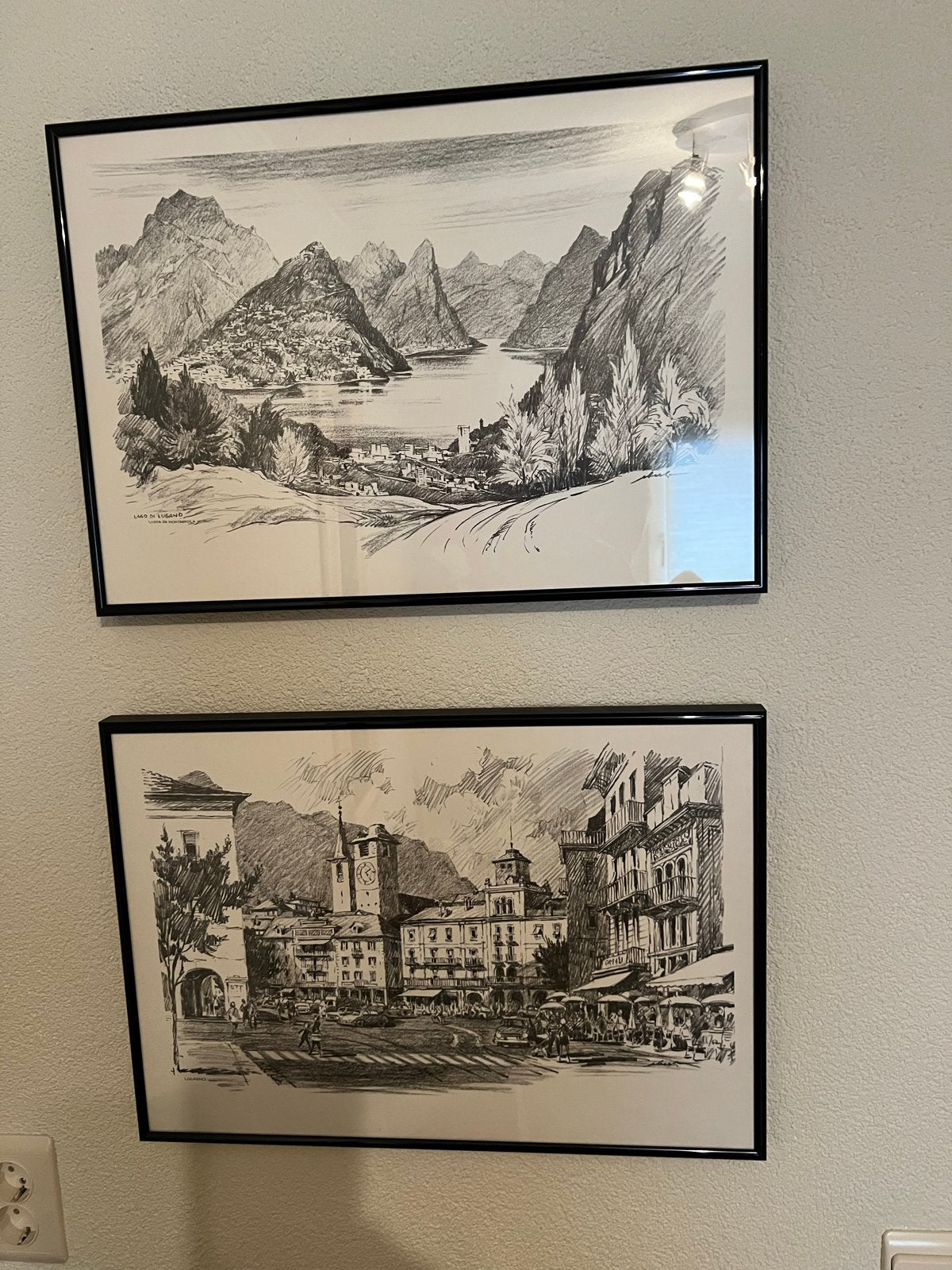 2 ingelijste tekeningen: Lago di Lugano & Locarno, Antiek en Kunst, Ophalen, Tekening, Potloodtekening, Ingelijst
