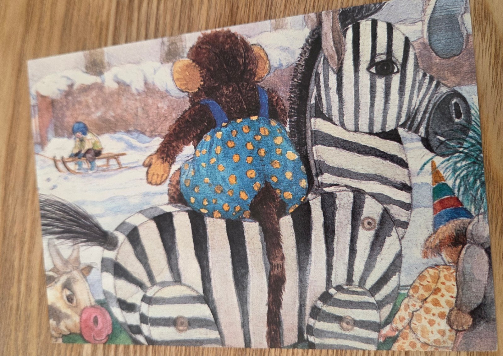 Ansichtkaart - Aap en Zebra's in de sneeuw, Verzenden, 1980 tot heden, Ongelopen, Kinderen