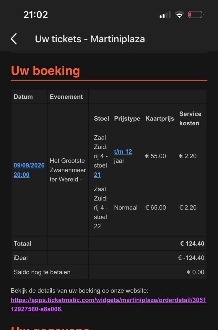 2 kaartjes voor het grootste zwanenmeer in groningen 09-09, Twee personen, September