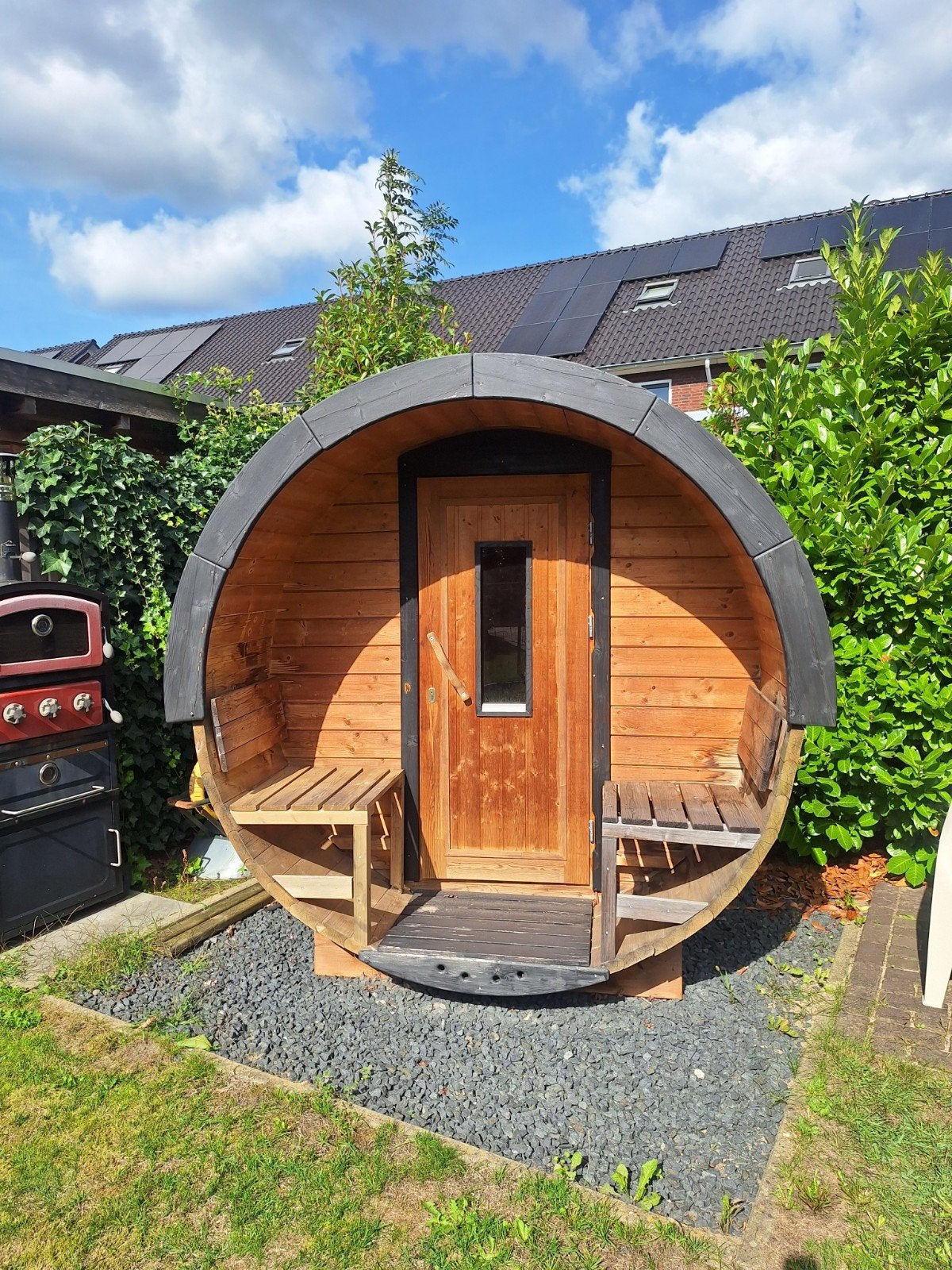 Barrel sauna 190 diameter bij 250 cm, Ophalen, Gebruikt, Fins of Traditioneel, Complete sauna