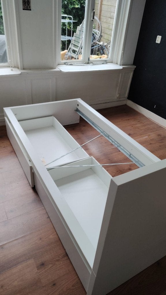 Éénpersoonsbed met laden, Huis en Inrichting, Slaapkamer | Bedden, Ophalen, Gebruikt, Eenpersoons, Wit