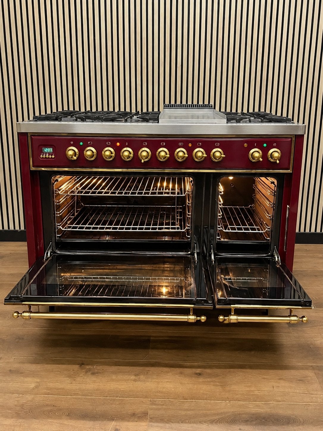 Luxe Boretti Majestic Fornuis Bordeaux rood/Messing 121 cm, Witgoed en Apparatuur, Fornuizen, Fornello Esperta, Ophalen of Verzenden