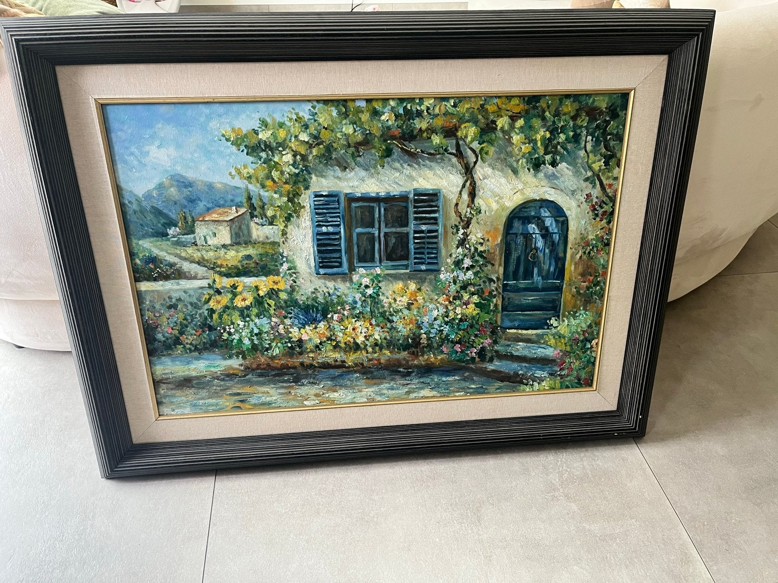 Schilderij: Mediterraans landschap met huis en bloemen, Ophalen, Doek, Realistisch, Olieverf