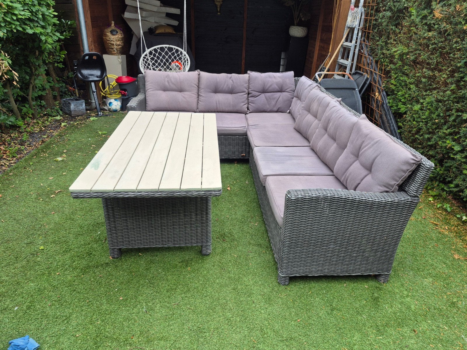 Hoek loungeset met tafel - 256x205cm bank, 149x79x68cm tafel, Ophalen, Gebruikt, 6 zitplaatsen, Loungeset