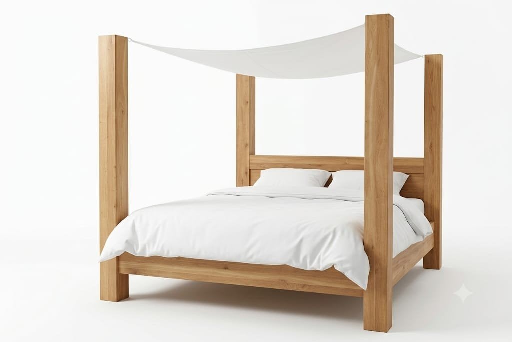 Massief Eiken Hemelbed 160x210 cm (extra lang), Ophalen, Tweepersoons, Hout