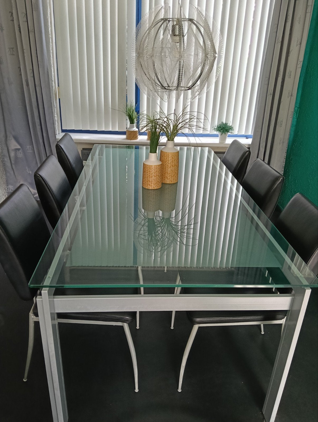 Glazen eettafel met metalen onderstel stoelen salontafel, Huis en Inrichting, Ophalen, Gebruikt, 50 tot 100 cm, Vijf personen of meer