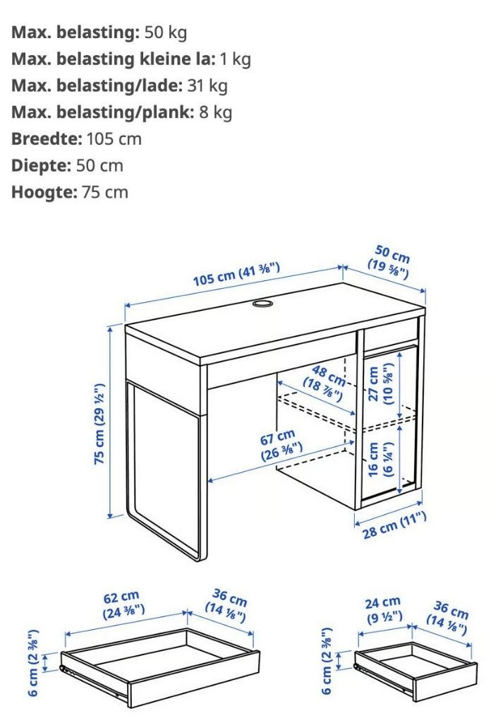 IKEA bureau Micke wit/roze 105cm (min lades + deurtje), Ophalen, Gebruikt, Tafel(s)