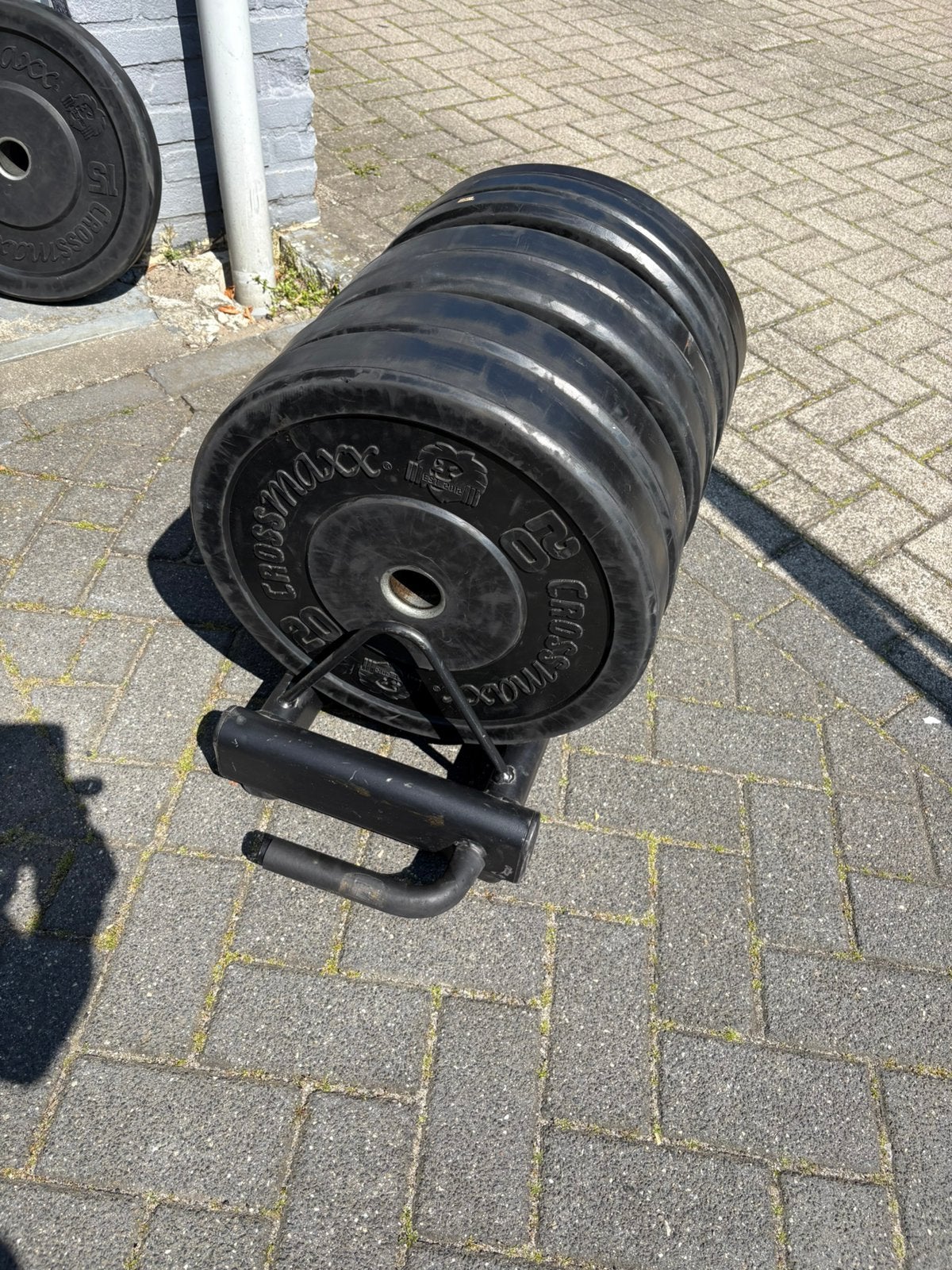 Crossmaxx 100 kg bumperplates incl  rek, Ophalen, Halterschijven, Gebruikt, Incl rek