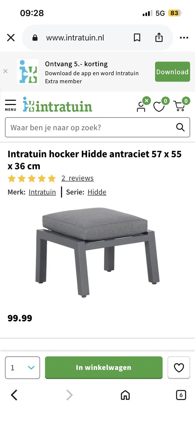 2 stuks Intratuin hocker Hidde antraciet 57 x 55 x 36 cm Alu, Tuin en Terras, Overige materialen, Hocker, Zo goed als nieuw, Ophalen