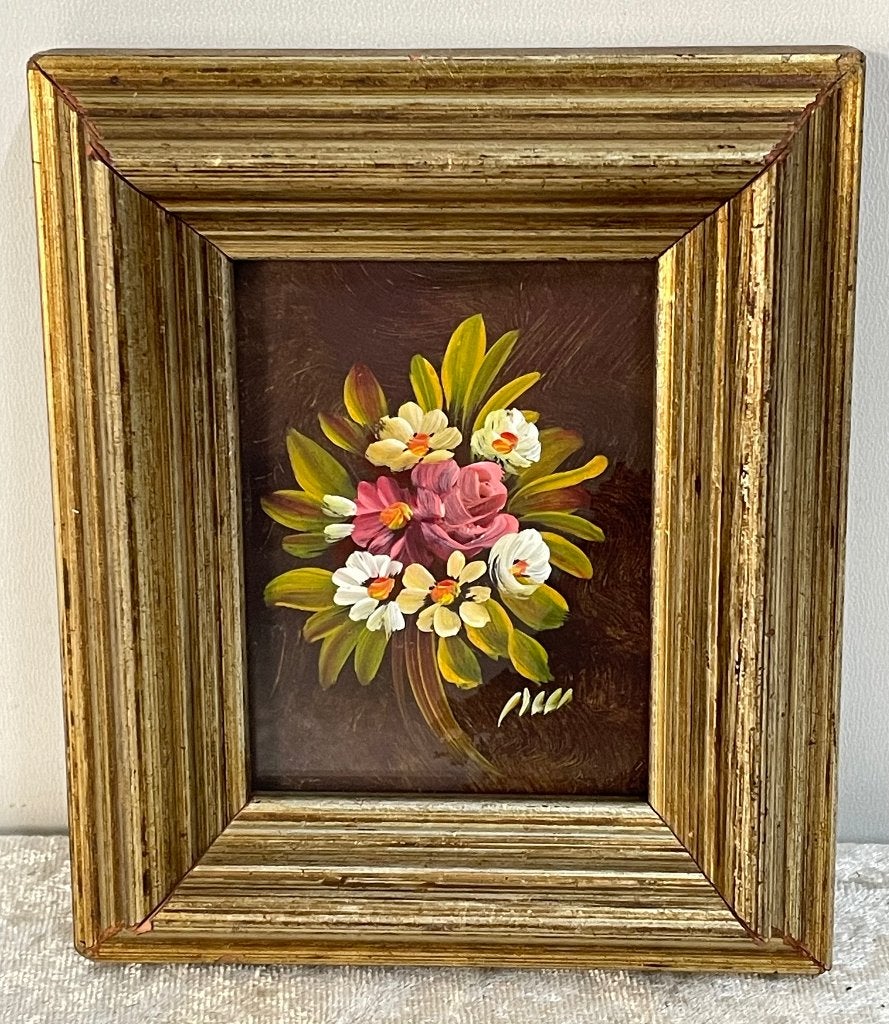 Miniatuur Schilderijtje Bos Bloemen, Bloemen, Achter glas, Realistisch, Ophalen of Verzenden