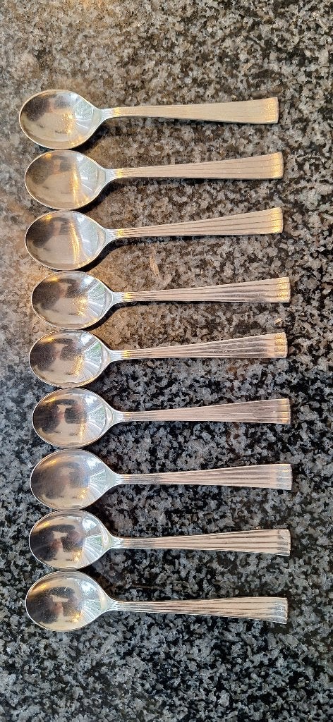 9 vintage verzilverde lepels 10.5 cm DE en suikerlepeltje, Antiek en Kunst, Ophalen of Verzenden