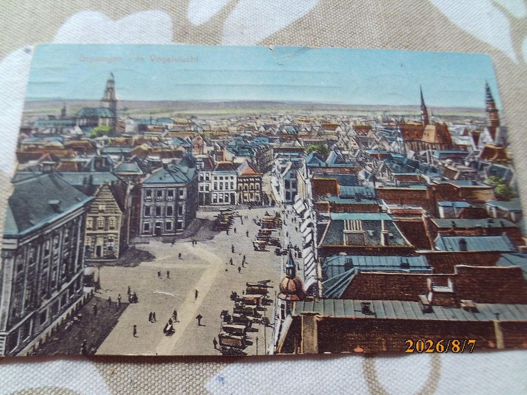 Groningen-in Vogelvlucht torens straten paard/wagens  1913, Ophalen of Verzenden, Voor 1920, Gelopen, Groningen