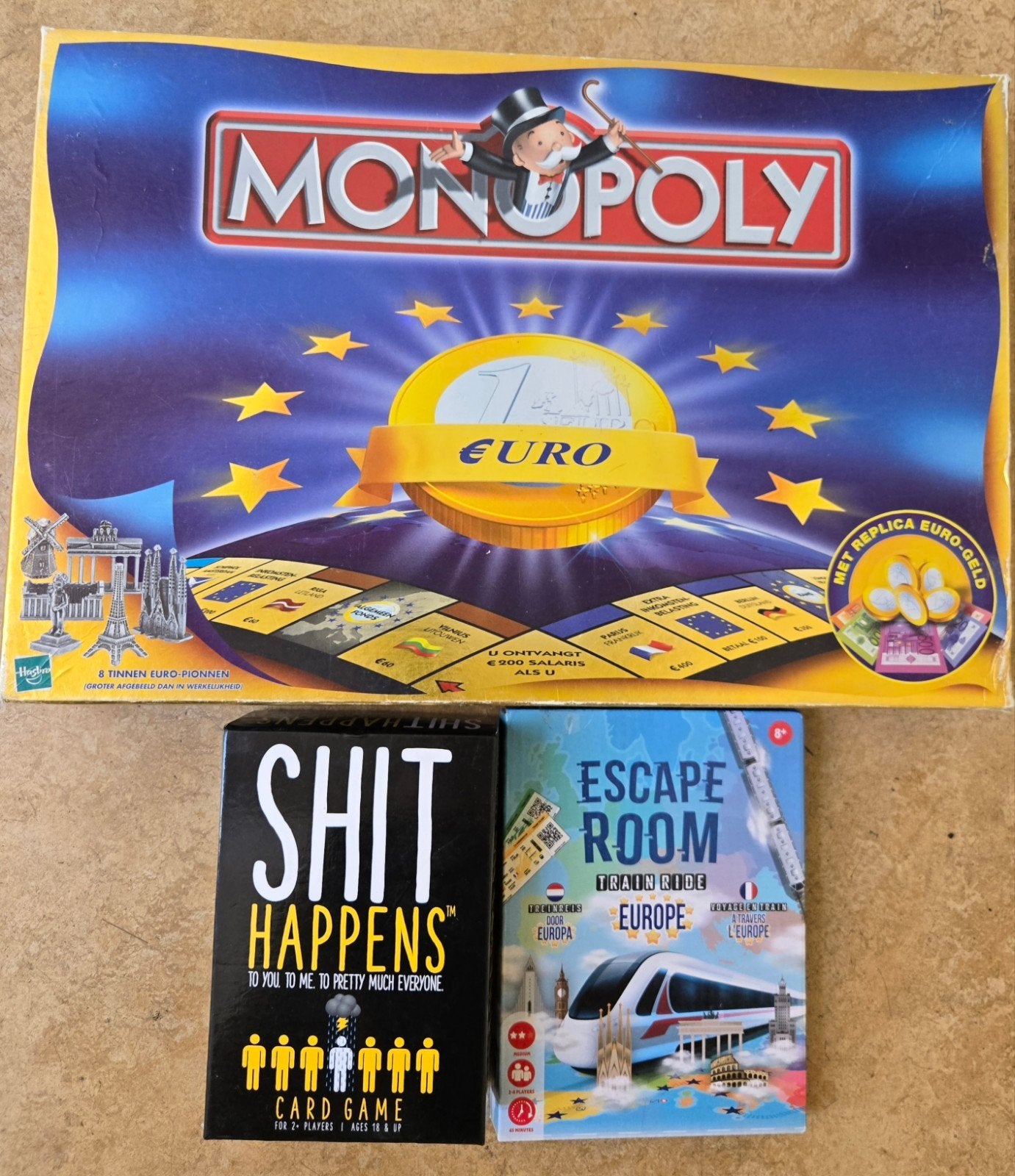 Spellenpakket: Monopoly Euro, Escape Room & Shit Happens, Vijf spelers of meer, Ophalen of Verzenden, Gebruikt, Reisspel