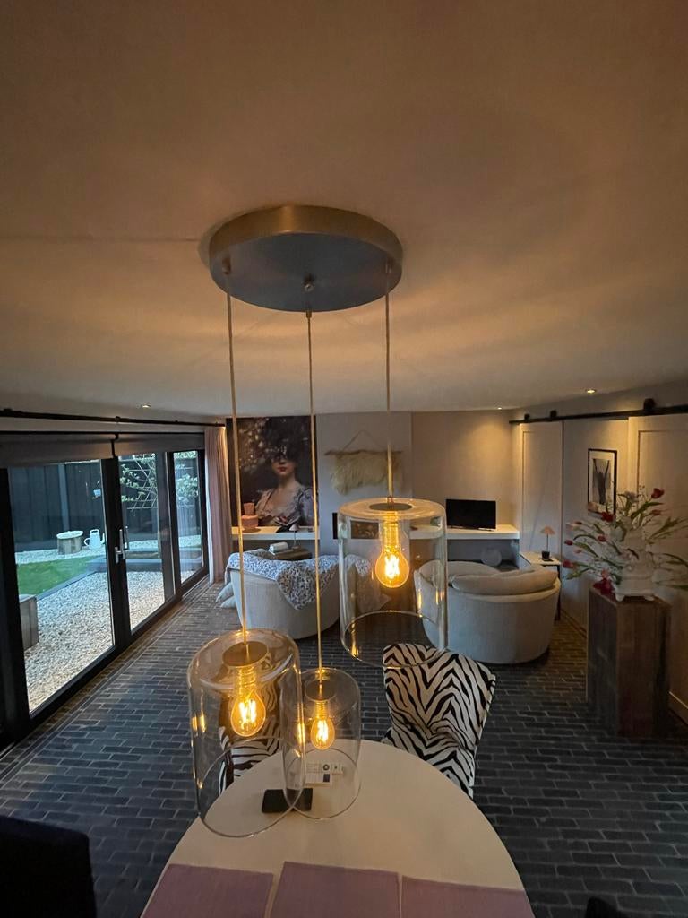 Dimbare design hanglampen met 3 glazen kelken, Ophalen, Gebruikt, Glas, 75 cm of meer