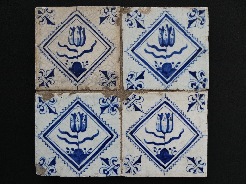 2 Tegeltableaus Vier tegel Delftsblauw tulp in kwadraat, Ophalen of Verzenden