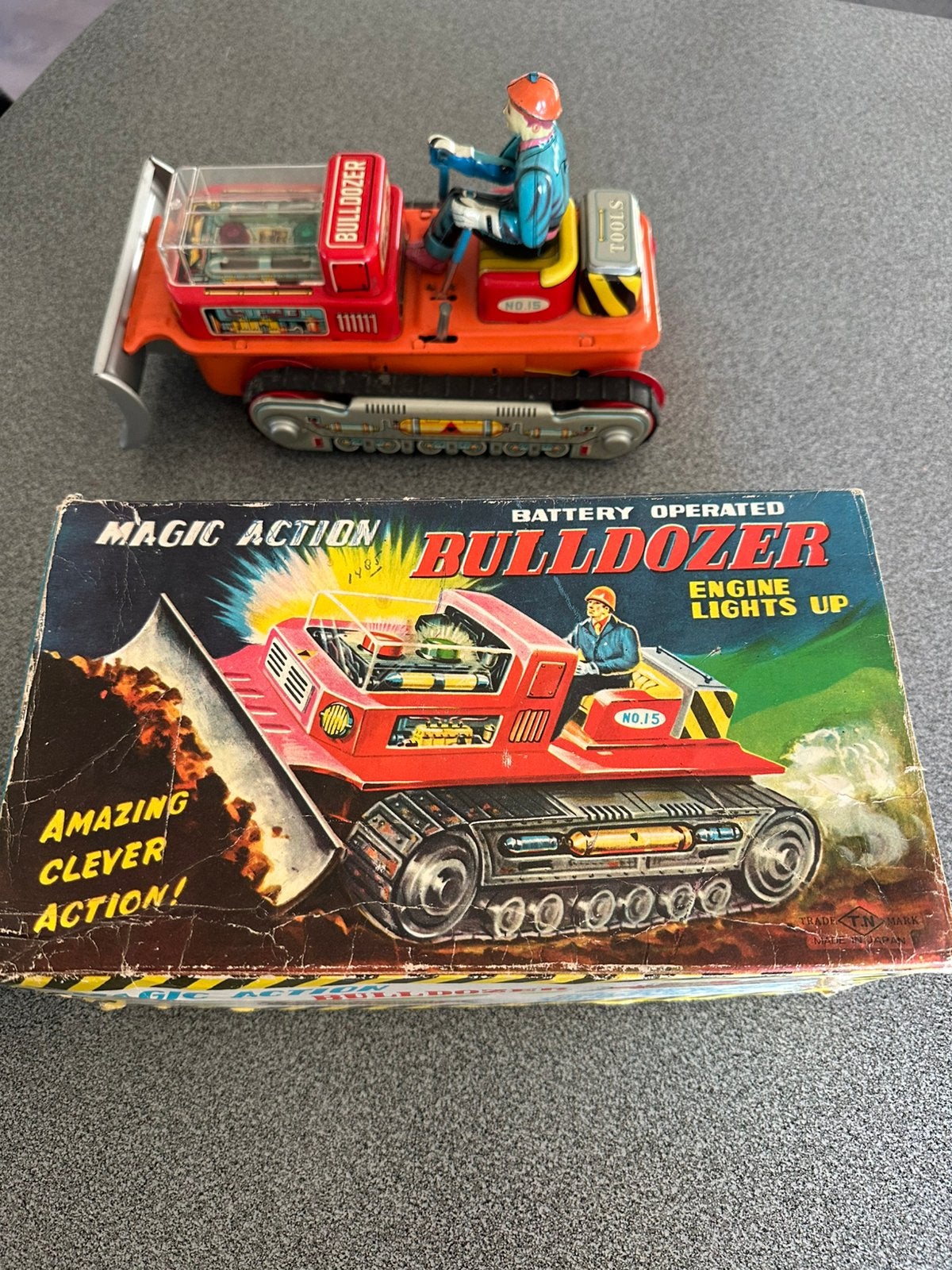 Vintage blikken action bulldozer, Antiek en Kunst, Ophalen of Verzenden