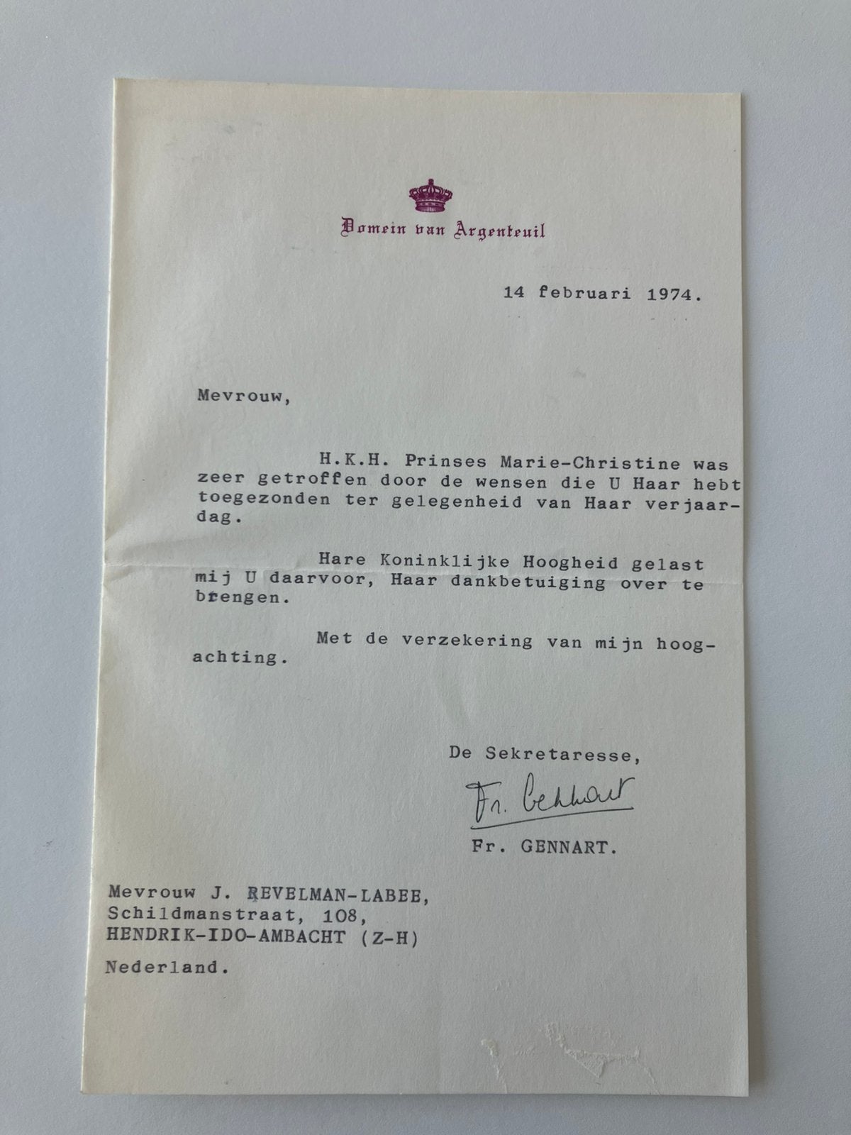 1974 verjaardag Prinses Marie-Christine van Belgie, Daphne, Verzenden, Gebruikt, Kaart, Foto of Prent