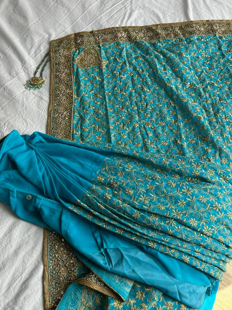 Blauwe kant en klare sari, Maat 38/40 (M), Overige typen, Blauw, Ophalen of Verzenden
