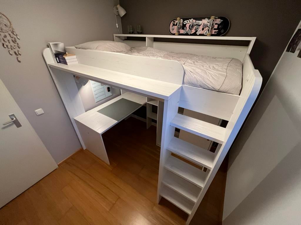 Hoogslaper Harmony/Higher met kast en bureau, whitewash., Huis en Inrichting, Slaapkamer | Stapelbedden en Hoogslapers, Ophalen