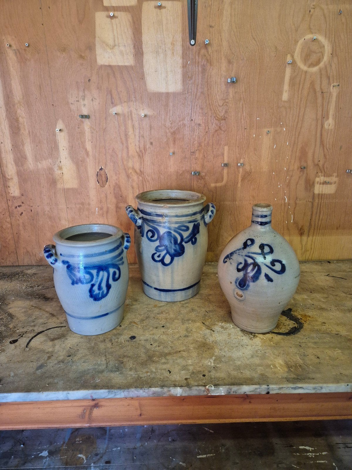 Antieke zoutglazuur potten en kruik - Blauw decor, Antiek en Kunst, Ophalen