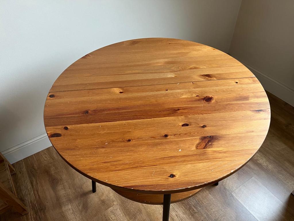 Ronde houten tafel, spiegel en kapstok, Huis en Inrichting, Tafels | Bijzettafels, Ophalen, Gebruikt, Rond, 75 cm of meer