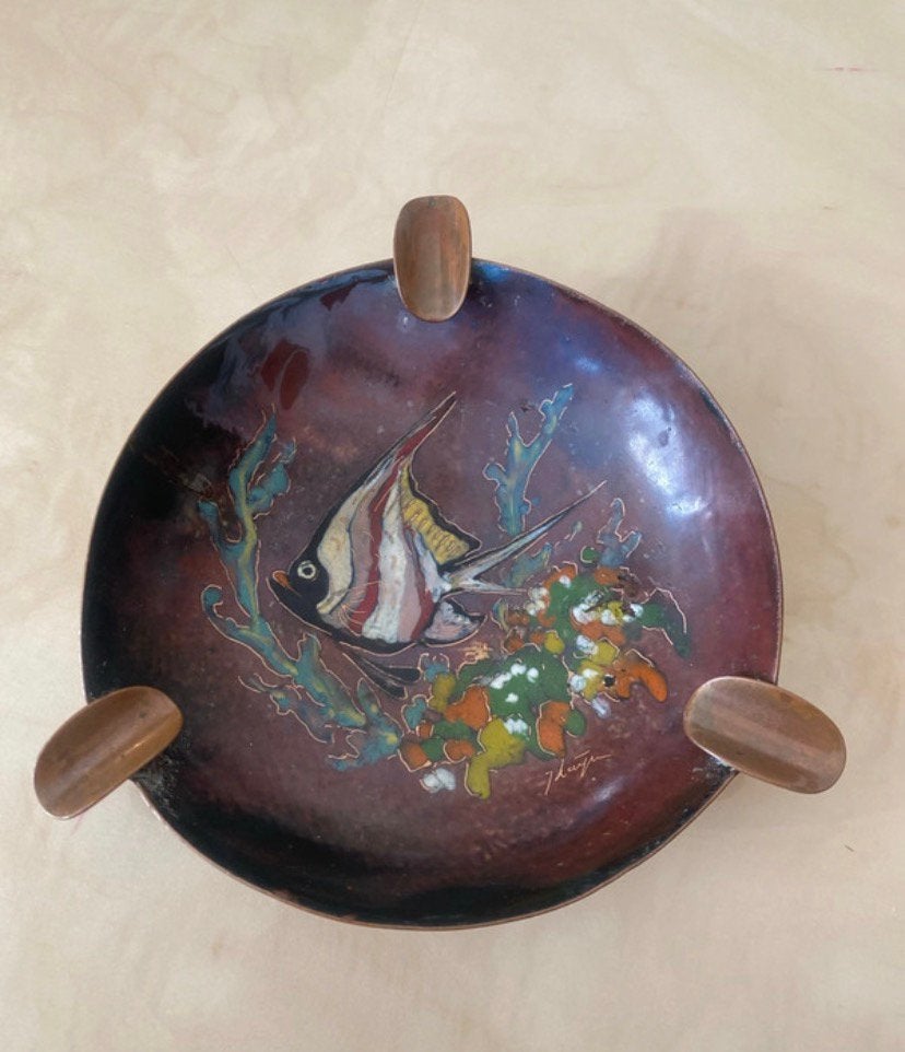 Vintage emaille op koperen asbak uit jaren 1950-1960, Antiek en Kunst, Ophalen of Verzenden