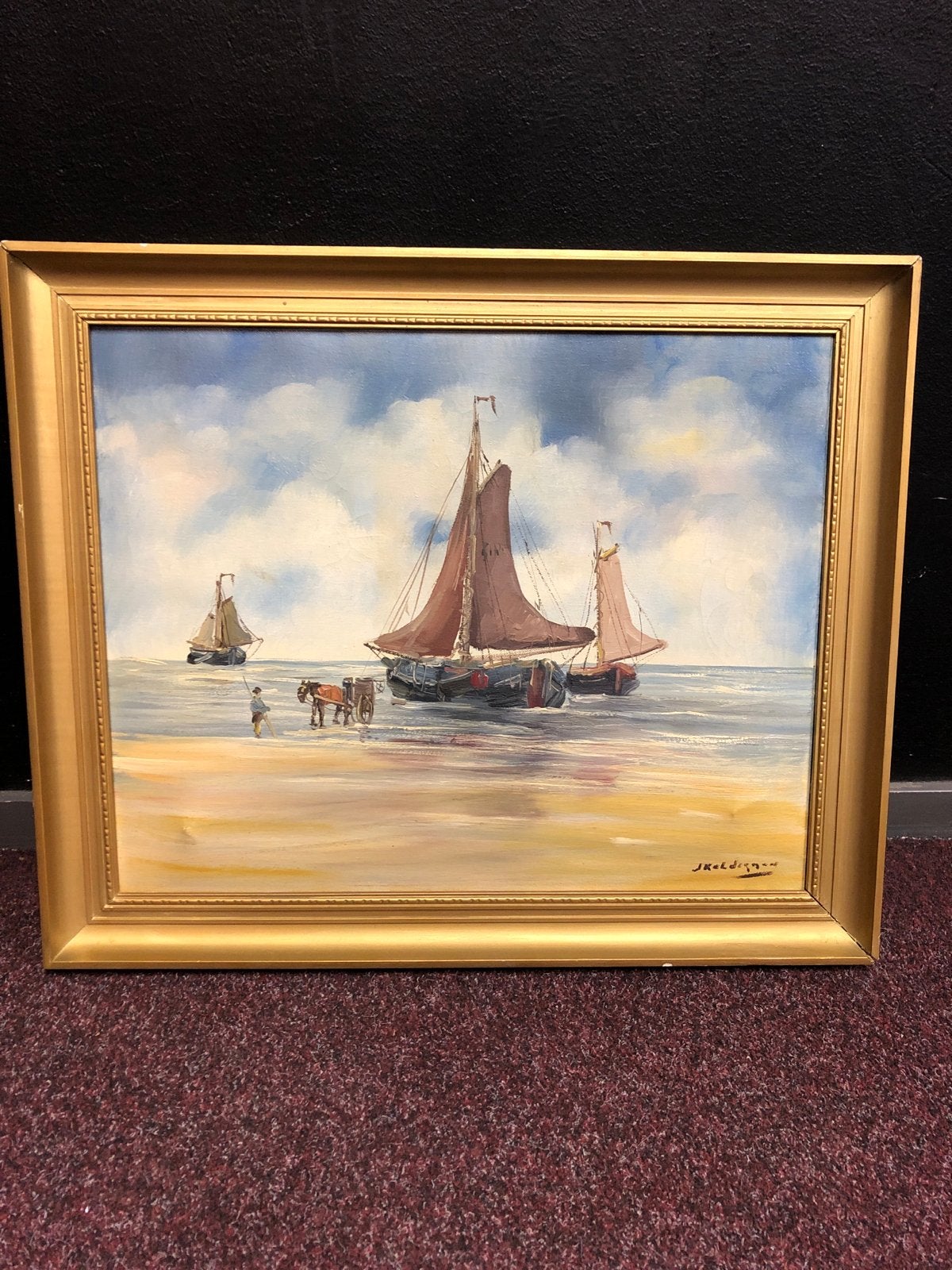 Schilderij met zeilschepen en paard op strand - J. Kelderman, Ophalen of Verzenden