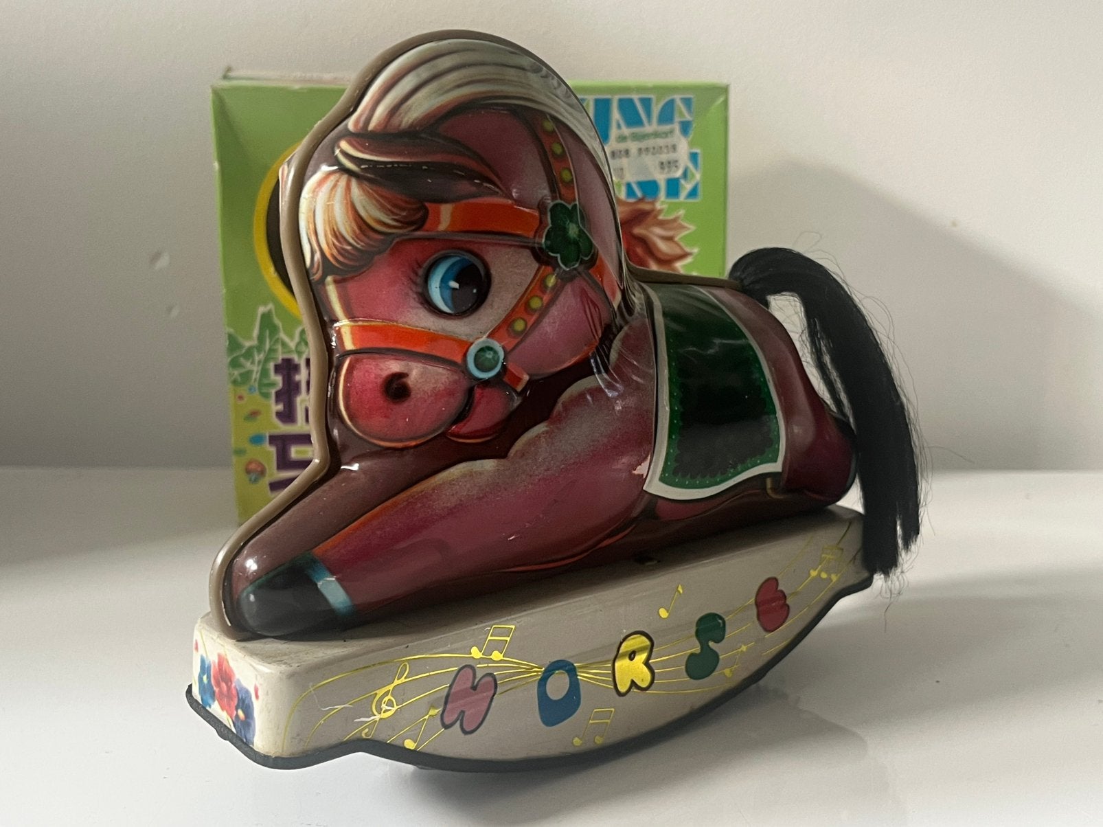 Vintage blikken speelgoed wind-up schommelpaard paard + doos, Verzenden, Gebruikt
