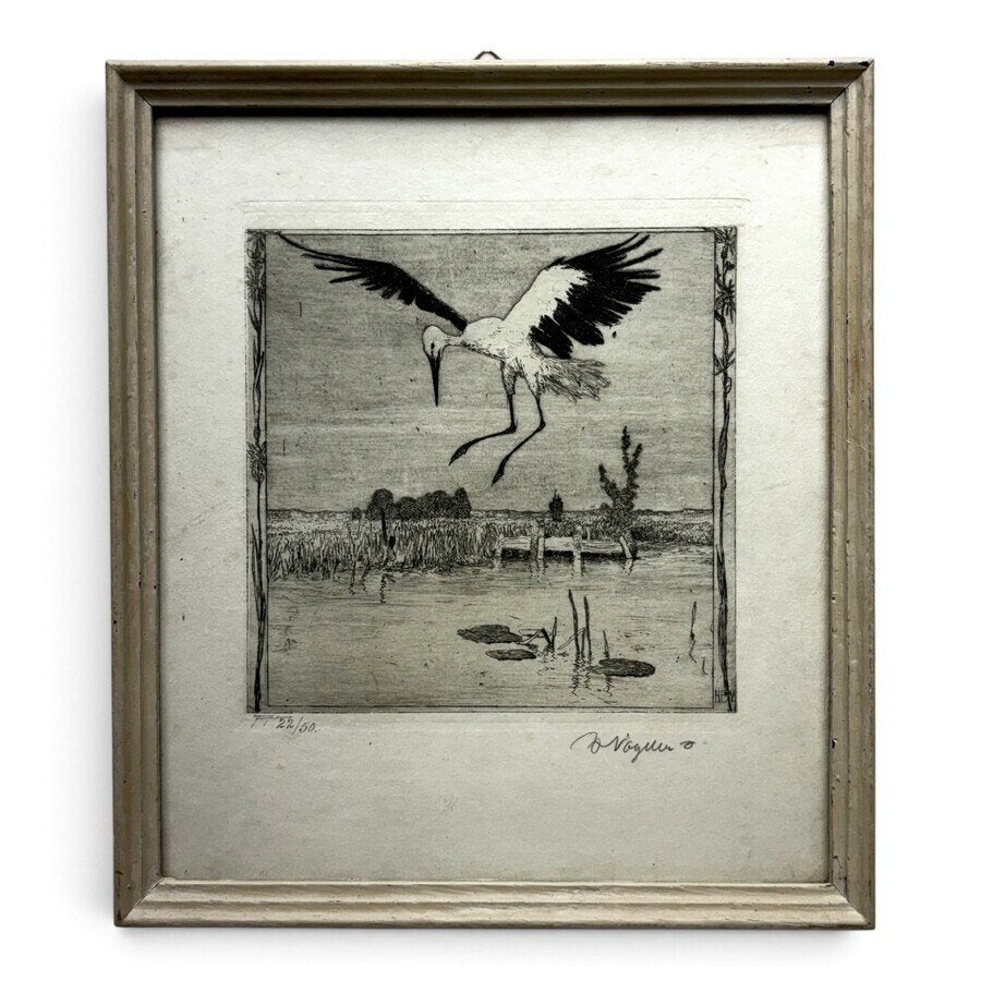 Heinrich Vogeler (1872-1942) Ooievaar, Ophalen of Verzenden, Flora en Fauna, Ets, Gesigneerd