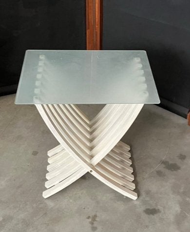 2x Retro bijzettafel met glasplaat - grenen hout, Huis en Inrichting, Tafels | Bijzettafels, Ophalen, Minder dan 45 cm, Minder dan 55 cm