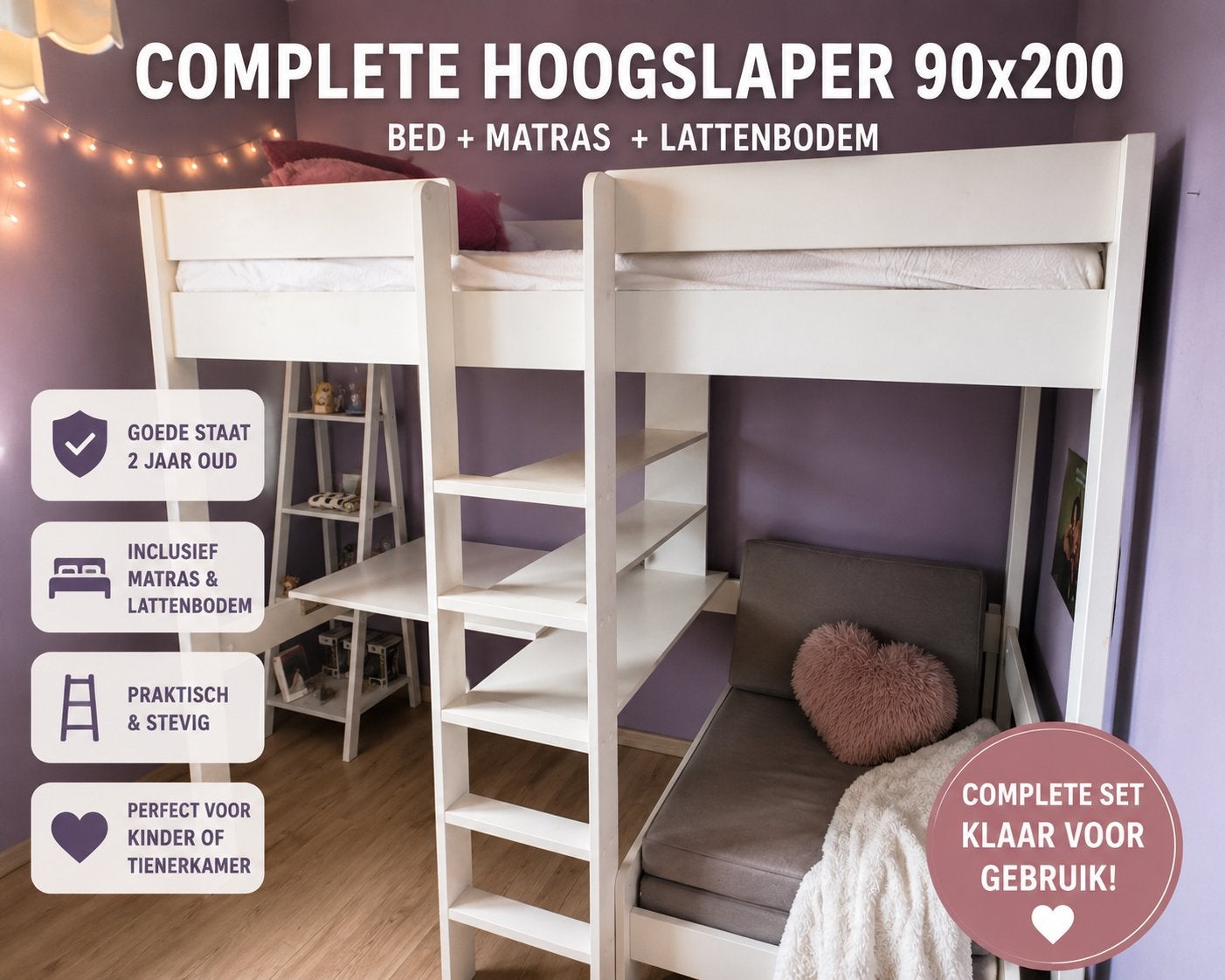 ️ Complete Hoogslaper 90x200 – Bed + Matras + Lattenbodem, Ophalen, Zo goed als nieuw, Hoogslaper