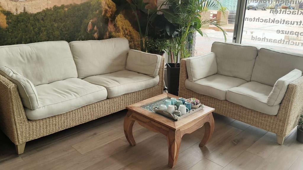 3+2 Zits Bankstel met Salontafel - Rotan Stijl, Bohemian, Landelijk, Gebruikt, Driepersoons, 75 tot 100 cm