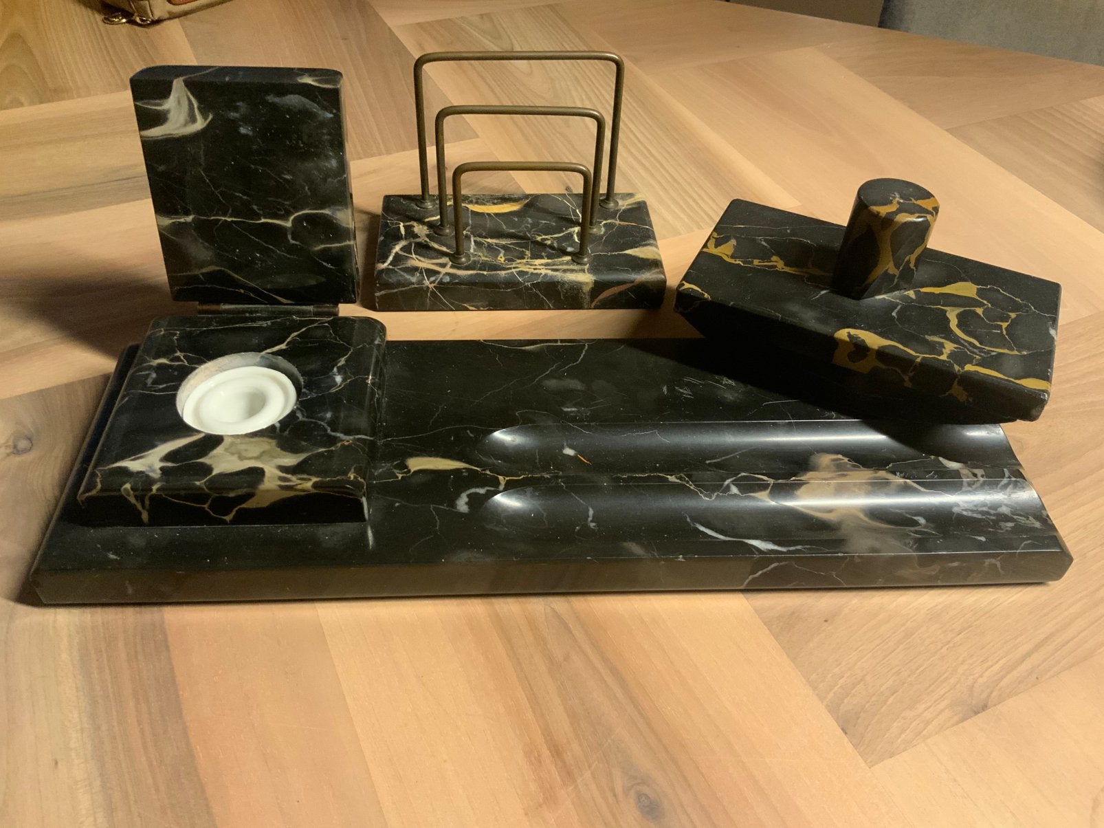 Grote Antieke Art Deco Bureauset – Nero Portoro Marmer 36cm, Antiek en Kunst, Ophalen of Verzenden