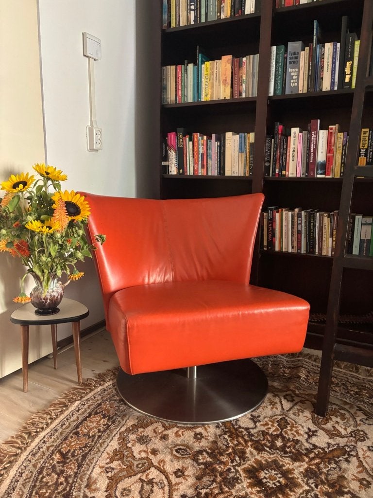 Vintage Jan des Bouvrie Design Draaifauteuil – Oranje Leer, Ophalen, Gebruikt, 75 tot 100 cm, 75 tot 100 cm