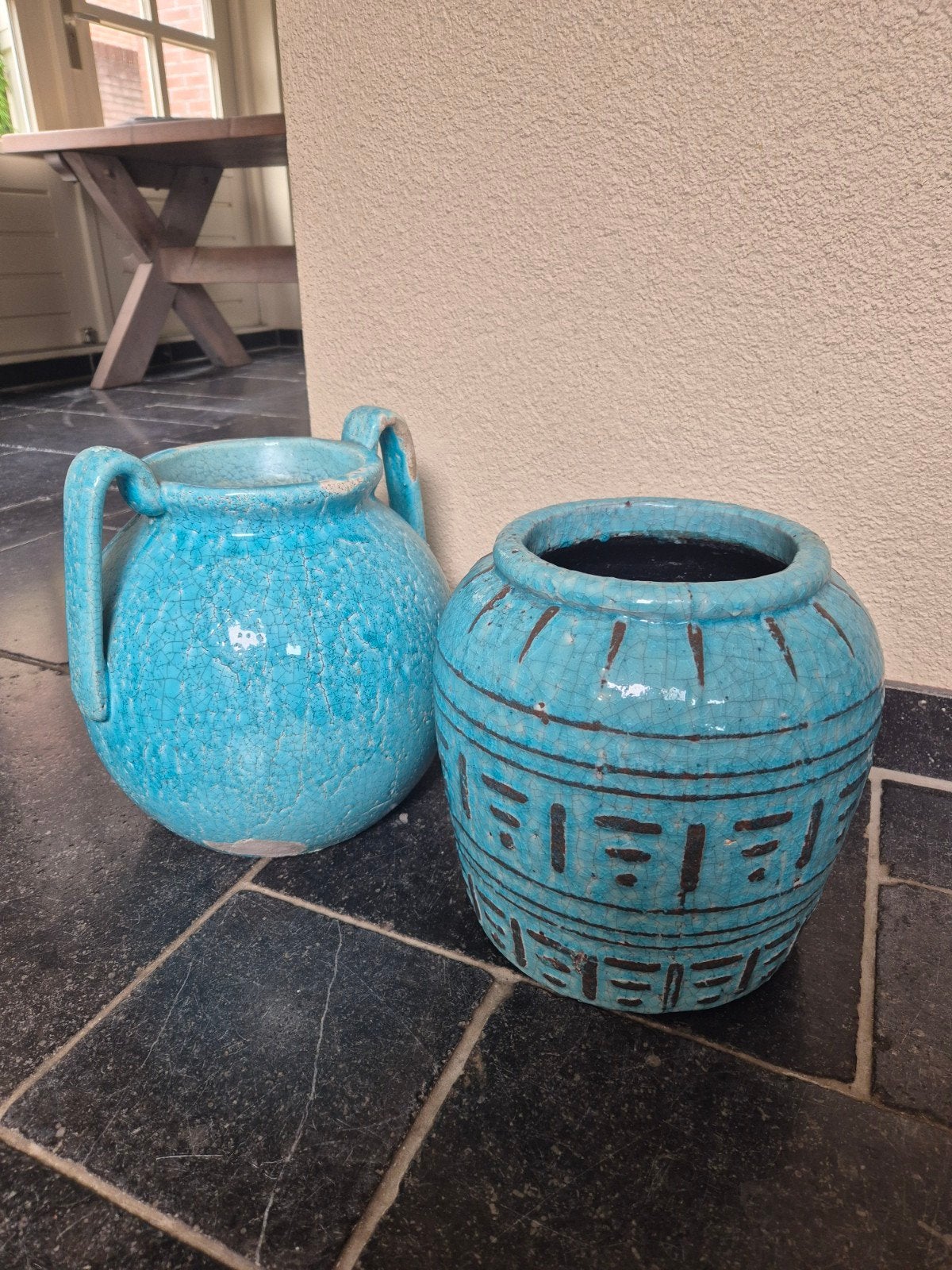 Set van 2 turquoise vintage potten, Ophalen, Gebruikt