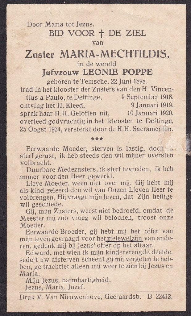 Poppe Leonie 1898 Temsche 1934 Deftinge zuster, Verzamelen, Bidprentjes en Rouwkaarten, Ophalen of Verzenden, Bidprentje