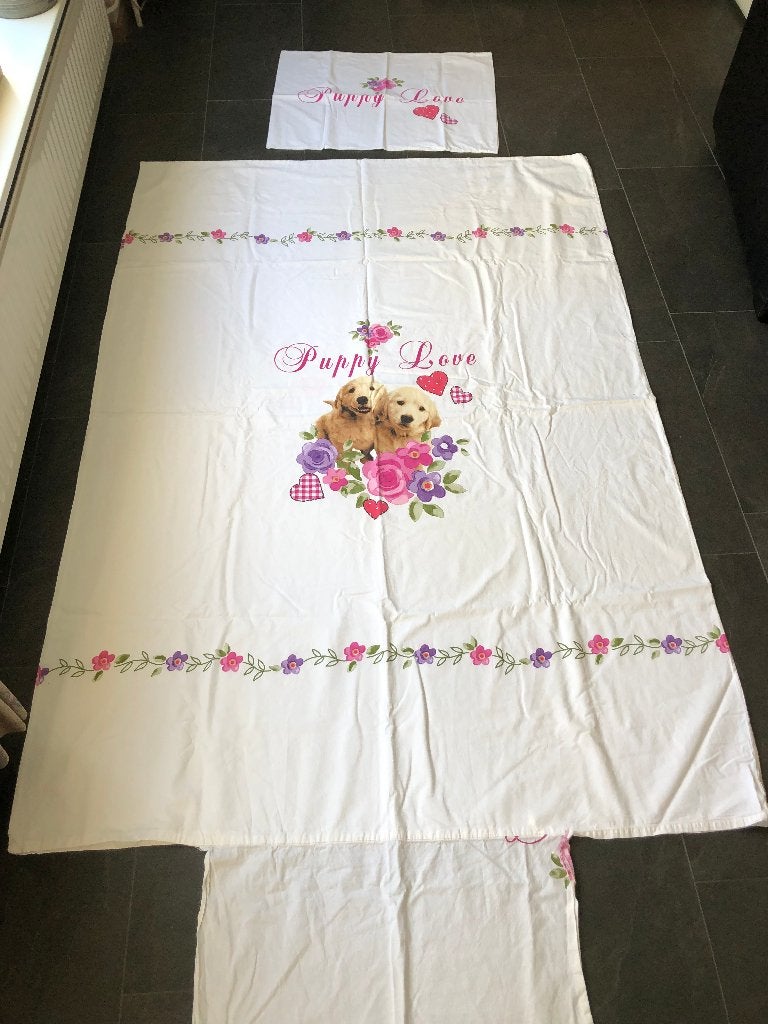 Dekbedovertrek Puppy Love 90 x 200, Gebruikt, Inclusief kussenslopen, Eenpersoons, Wit