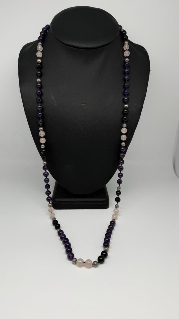 Lange ketting: Zilveren,Onyx,Amethist,rozenkwarts kralen., Sieraden, Tassen en Uiterlijk, Kettingen, Verzenden, Nieuw, Steen of Mineraal