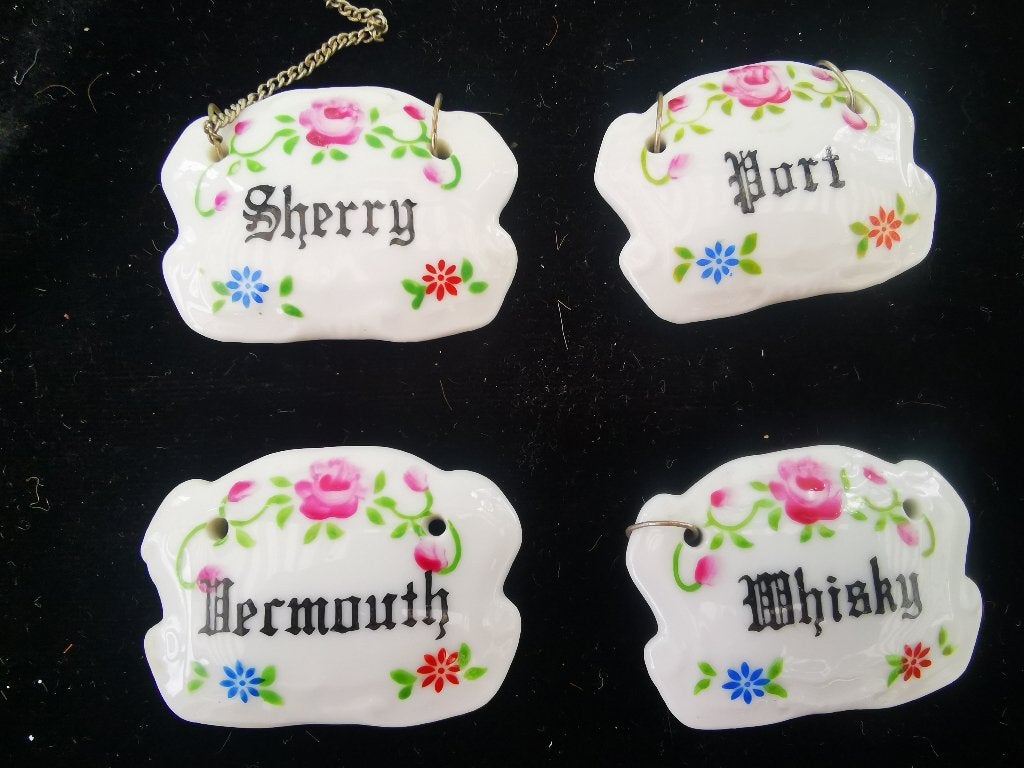 4 vintage porselein drank label karaf whisky port sherry bar, Ophalen of Verzenden