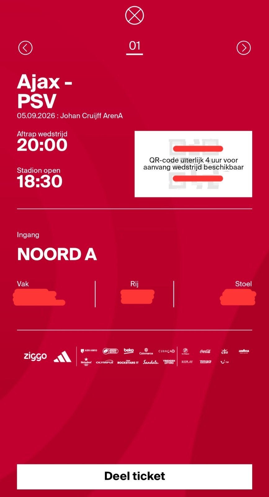 05-09-2026 Ajax-Psv 1 kaartje Vak 4.., Eén persoon, September
