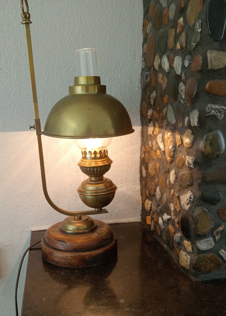 Lamp(je), antieklook, hout, koper, Ophalen of Verzenden, Gebruikt, Overige materialen, E14 (klein)