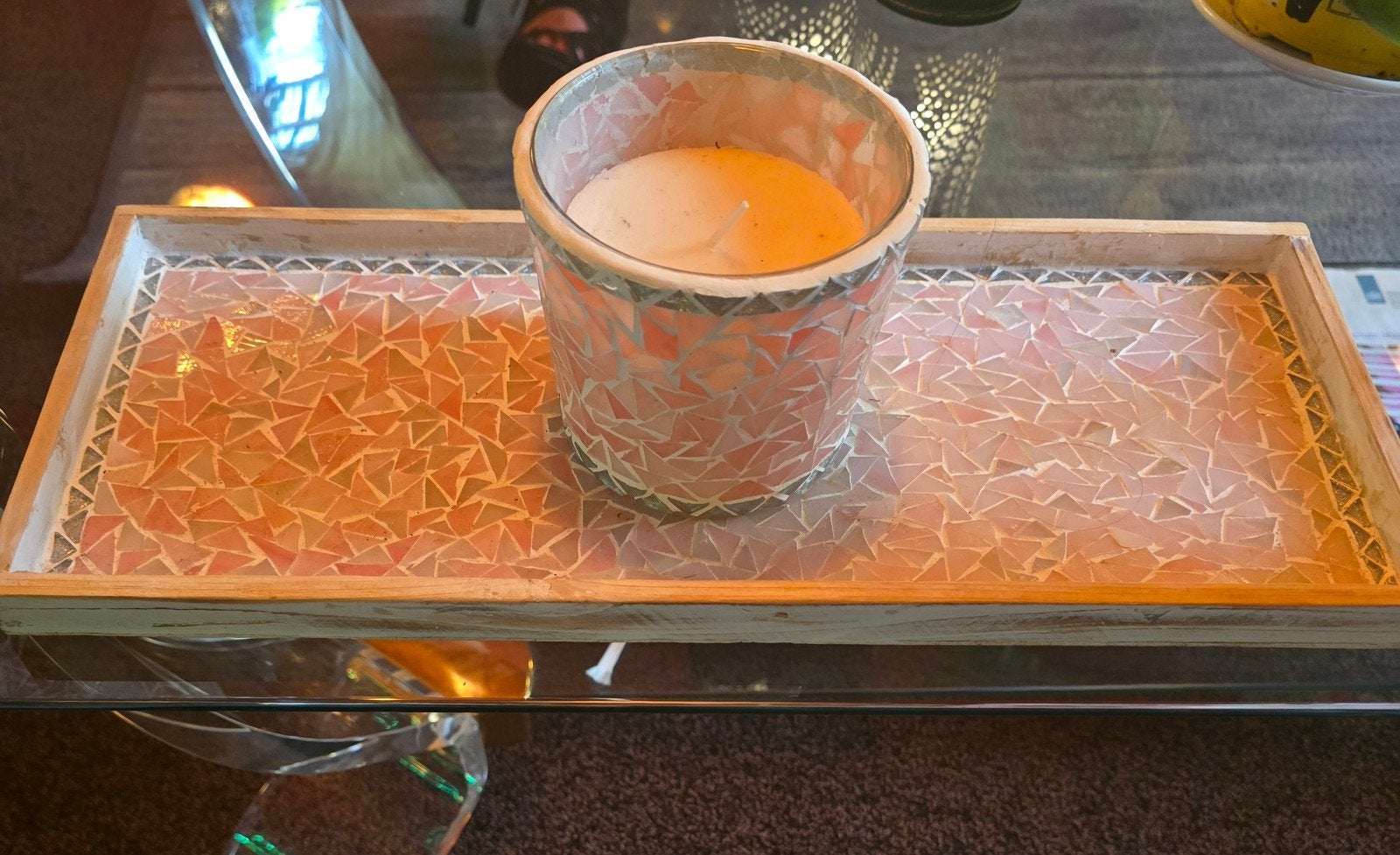 Mozaïek vaas en dienblad set - Handgemaakt, Nieuw, Ophalen of Verzenden, Glas, Roze