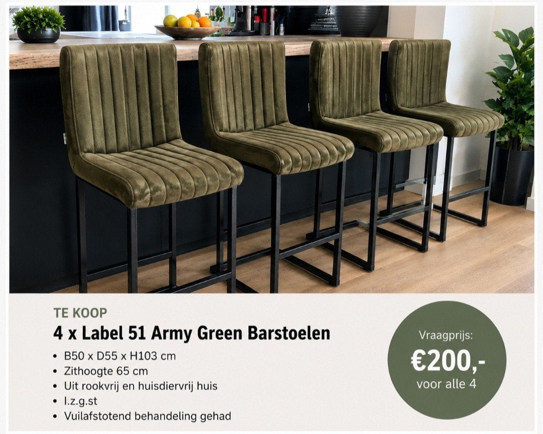 4 army green barstoelen  te koop    zie info op de 1e foto, Huis en Inrichting, Ophalen