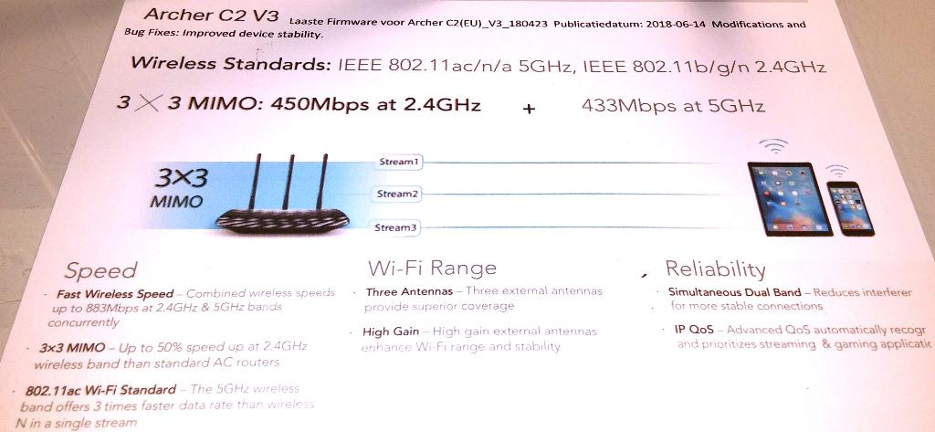 TP-Link Archer C2 AC900 V3 WiFi-5 802.11ac Dual Band Router, Ophalen of Verzenden, Zo goed als nieuw, Router, TP-Link