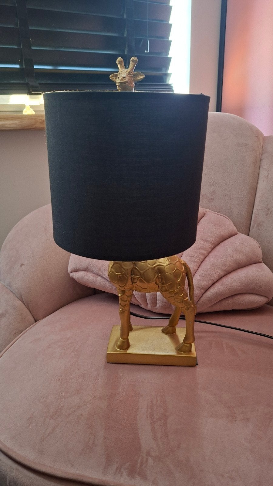 Gouden Giraffe Tafellamp met Zwarte Kap, Metaal, Ophalen of Verzenden, Zo goed als nieuw, Goud